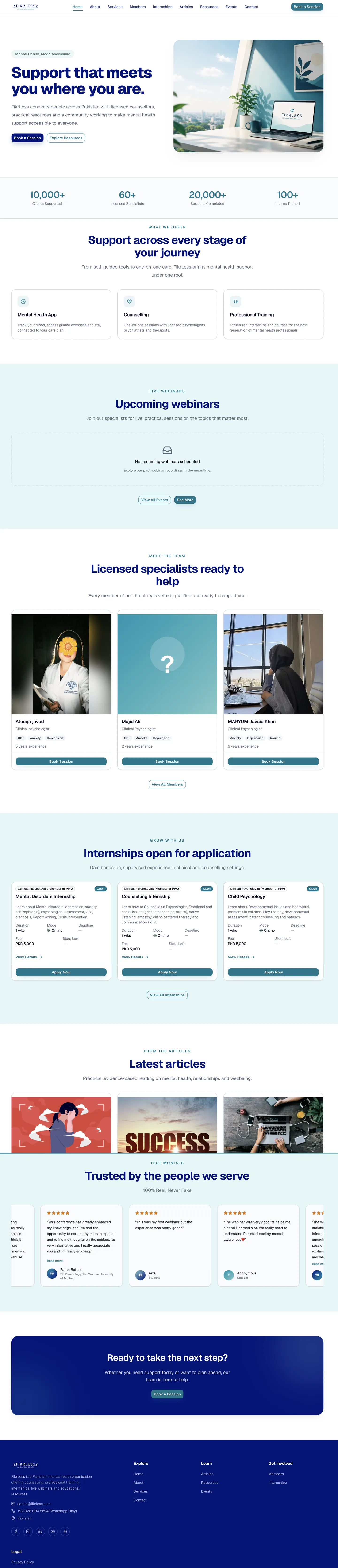 Scrolling through the FikrLess website homepage — hero, services, webinars, team, internships, articles, and testimonials